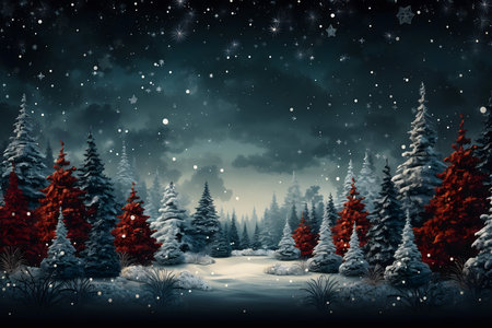Fantasy winter landscape with snowy fir trees and falling snowflakesの素材
