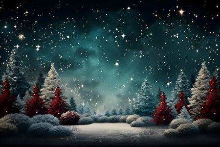 Winter forest with snow covered trees and starry sky. Christmas backgroundの素材