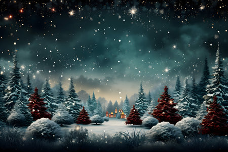 Christmas background with christmas lanterns, pine trees and snowfallの素材