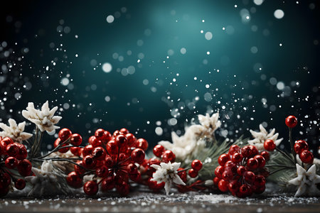 Christmas background with snowflakes and red berries on wooden table.の素材