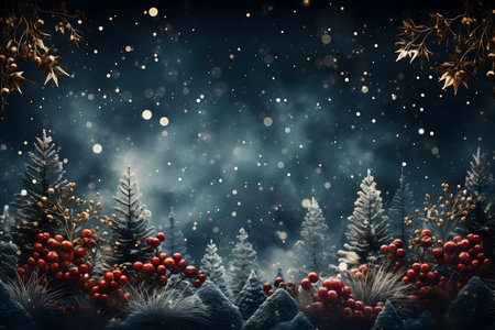 Christmas background with snowflakes, fir branches and red berries.の素材
