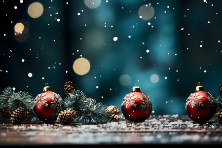 Christmas card with red baubles, pine cones and snowfall.の素材