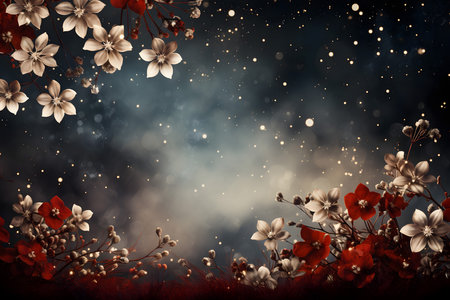 Grunge floral background with red flowers and bokeh lightsの素材