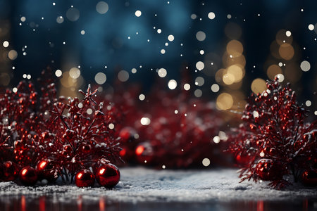 Red christmas ornaments on snow with bokeh backgroundの素材