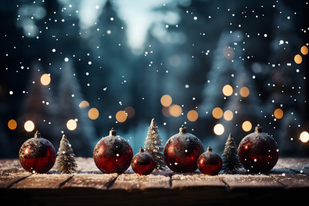 Christmas decoration on wooden table with bokeh lights and snowfallの素材