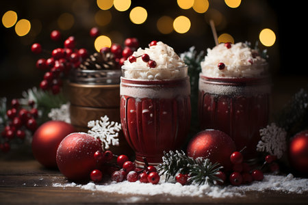 Hot chocolate garnished with whipped cream and cranberries, Christmas decorationの素材