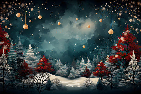 Christmas and New Year background with fir trees and snowflakes.の素材