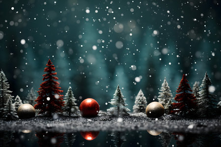 Christmas background with snow and christmas decorations. 3d rendering.の素材