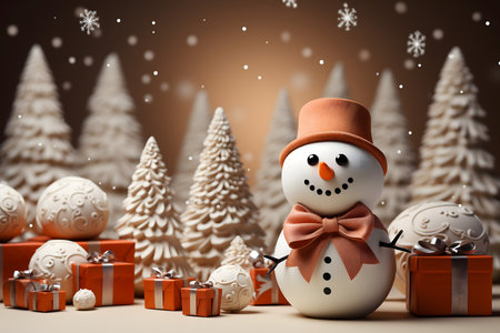 Snowman with Christmas gifts and fir trees. 3d illustration.の素材