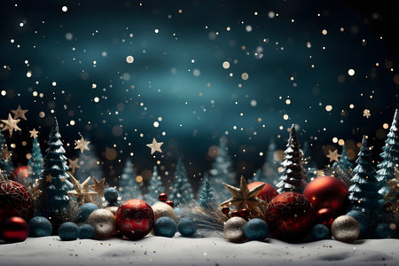 Christmas background with red and blue balls, snowflakes and fir treesの素材