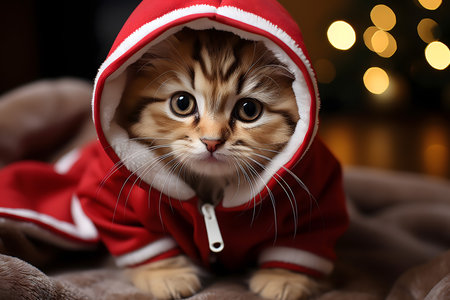 Cute little kitten in Santa Claus costume on fur coat at homeの素材