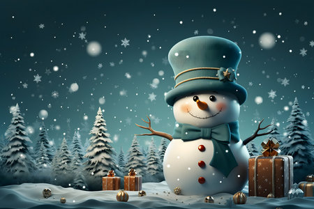 Snowman with gift boxes in winter forest. 3D rendering.の素材