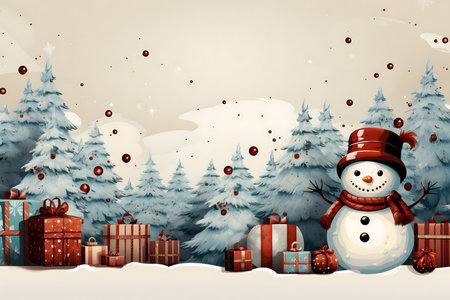 Christmas background with snowman and gift boxes - illustration for children.の素材