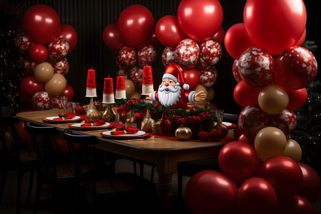 Christmas table with Santa Claus, red and gold balloons and gifts.の素材