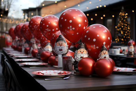 Christmas table decoration with red balls and Santa Claus on the street.の素材