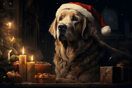 Golden retriever dog in santa hat with christmas gifts near fireplace.の素材