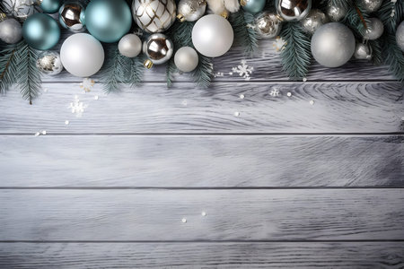 Christmas and New Year background with fir branches, blue and silver balls and snowflakes.の素材