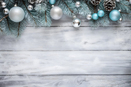 Christmas background with fir tree branches and decorations on white wooden board.の素材