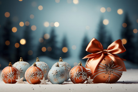 Christmas background with baubles on snow and bokeh lightsの素材