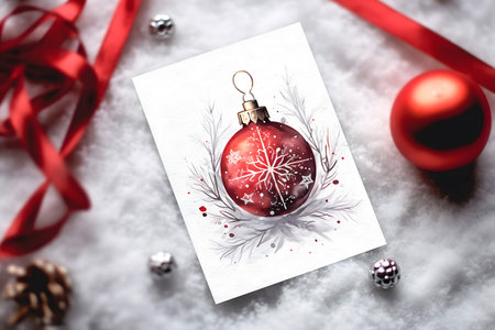 Christmas greeting card with red bauble on snow background. Top viewの素材