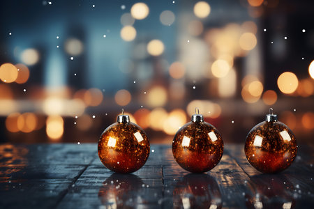 Christmas balls on wooden table in front of blurred bokeh backgroundの素材