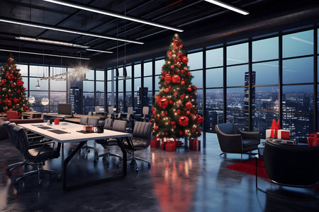 Christmas tree in modern office interior with city view, 3D renderingの素材