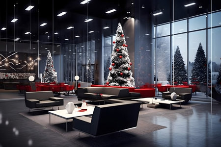 Modern office interior with Christmas tree and furniture. 3D Renderingの素材
