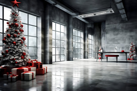 3D rendering of a modern office interior with Christmas tree and presentsの素材
