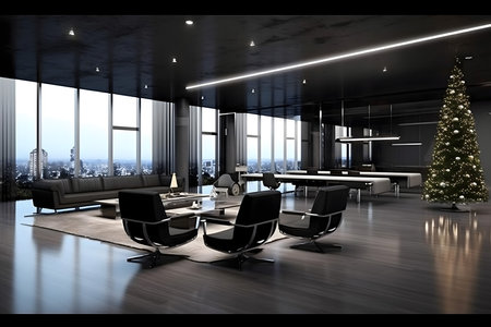 3d render of modern office interior with Christmas tree and city viewの素材