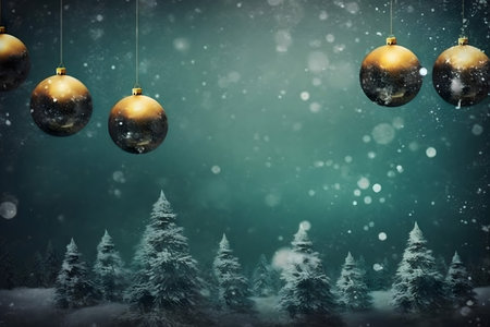 Christmas background with Christmas balls and fir trees in the snow. 3d illustrationの素材