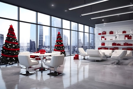 Interior of modern office with Christmas tree and city view. 3D Renderingの素材