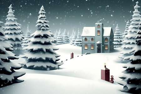christmas background with christmas house and christmas tree in snowy landscapeの素材