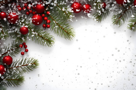 Christmas background with fir tree branches, red balls and snow on whiteの素材