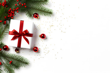 Christmas background with fir branches, red balls and gift box on white backgroundの素材