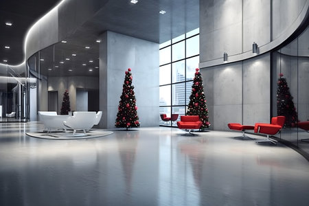 Christmas tree in modern office interior. 3d rendering and mock upの素材
