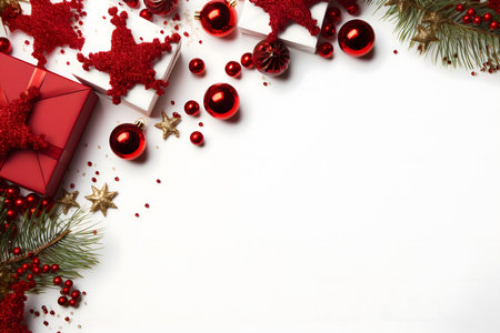 Christmas background with red decorations and gift box. Top view with copy spaceの素材