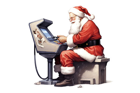 Santa Claus sitting at a cash register, isolated over a white backgroundの素材