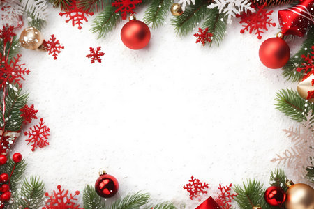 Christmas background with fir tree branches and decorations. Top view with copy spaceの素材