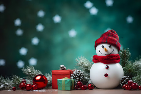 Snowman with christmas decoration on green bokeh background.の素材