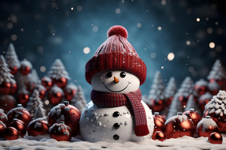 Snowman with red hat and scarf in winter forest. 3D rendering.の素材