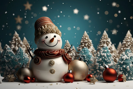 Snowman with christmas decorations on snow background. 3d illustration.の素材
