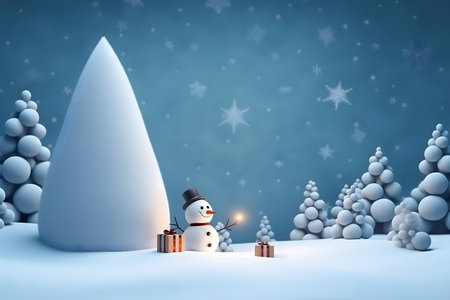 3d rendering of a snowman with a gift in front of a snowy landscapeの素材