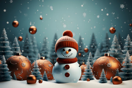 Snowman with christmas balls in winter forest. 3D renderingの素材