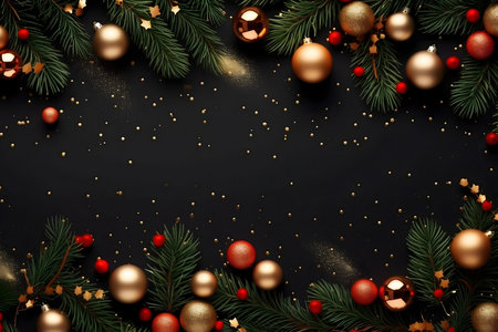 Christmas and New Year background with fir branches, golden balls and confetti. Top view.の素材