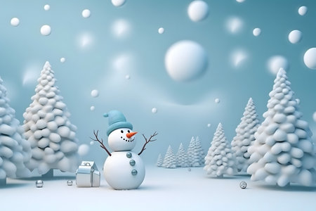 Snowman and Christmas trees. 3d illustration. Winter background.の素材