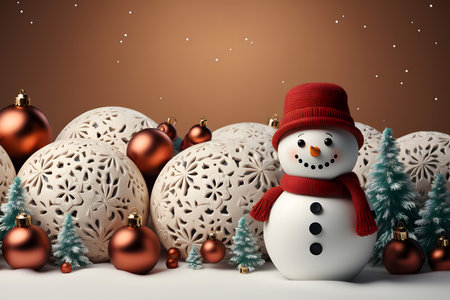 Christmas background with snowman and christmas balls. 3d renderingの素材