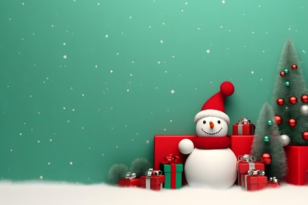 3d illustration of snowman with gift boxes and christmas treeの素材