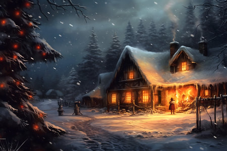 Beautiful winter landscape with a wooden cottage in the forest. Christmas illustration.の素材