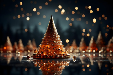 Christmas tree made of golden beads on a dark background with bokehの素材