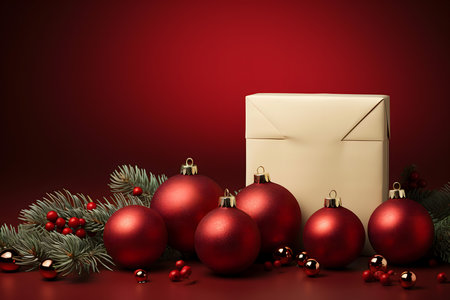 Christmas greeting card with envelope and baubles on red background.の素材